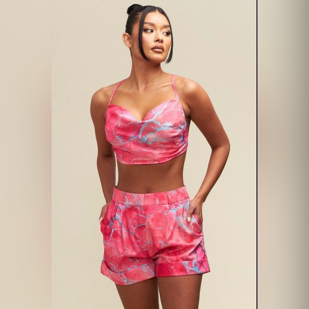 New Beach Vacay Pink and Blue Marble Agate Crop Top &Matching Shorts set size S